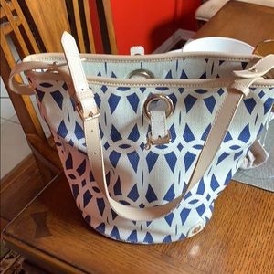 Navy light tan Spartina natural linen and leather